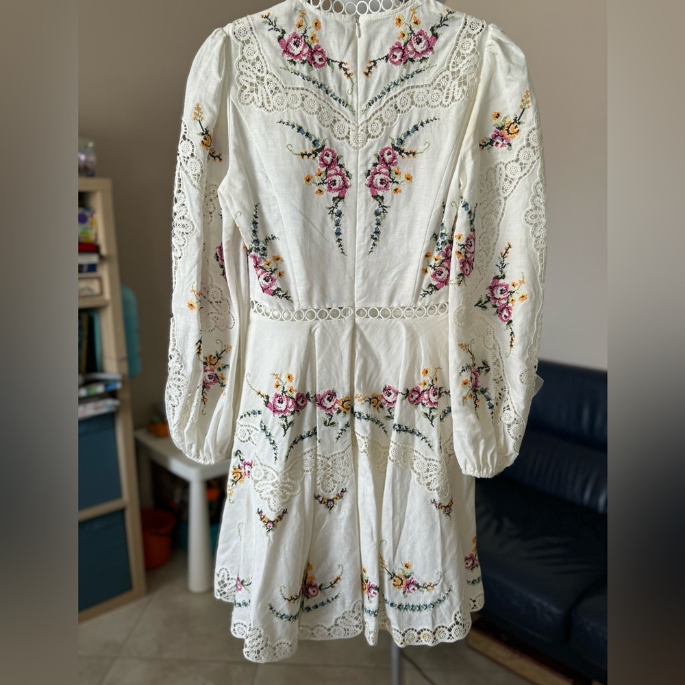 ZIMMERMANN Allia cross-stitched linen+cotton blend mini dress Size US 4 NWT - Picture 8 of 16